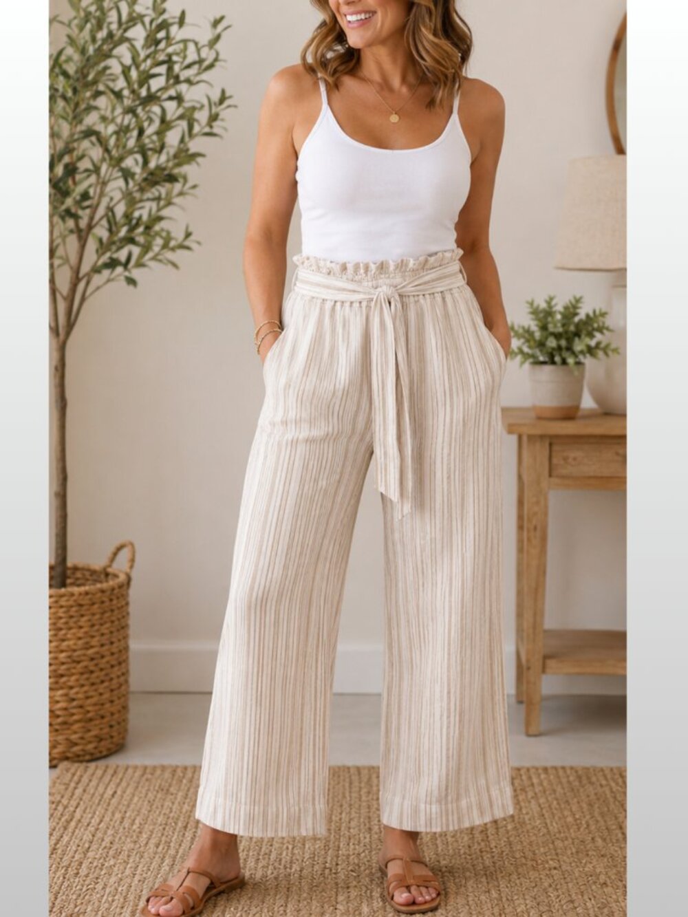 Zac & Rachel Striped Linen Blend Wide Leg Pants XL Relaxed Coastal Resort NWT
